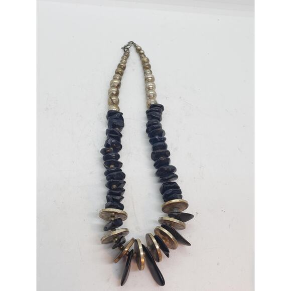 Chunky Black Onyx Statement Necklace Metal Discs Spikes Silver Plated Beads Boho - Picture 9 of 14